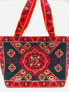 Vintage Large Red Black Gold Beaded Tote Handbag Southwest Geometric Pattern